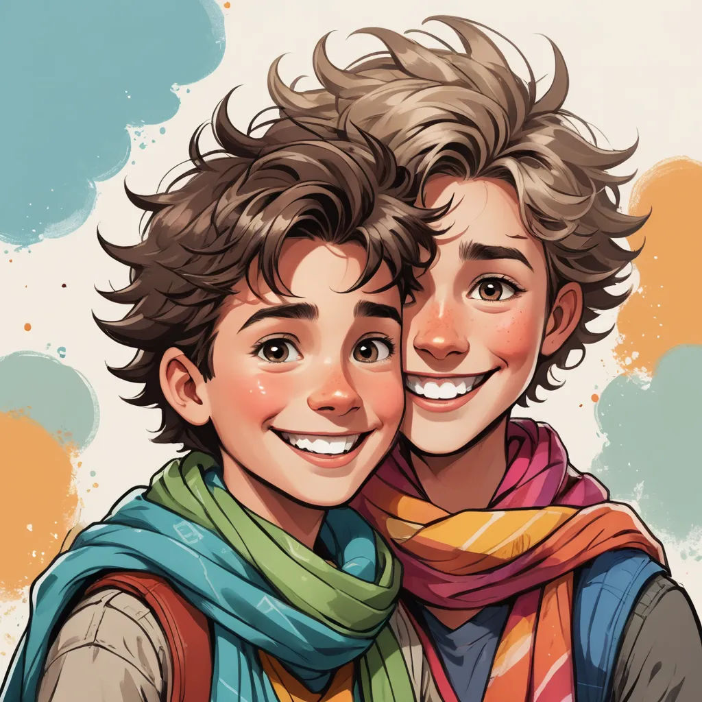 a couple of people that are hugging each other with a smile on their faces and a scarf around their necks, serial art, a detailed painting, Diego Gisbert Llorens, warm colors
