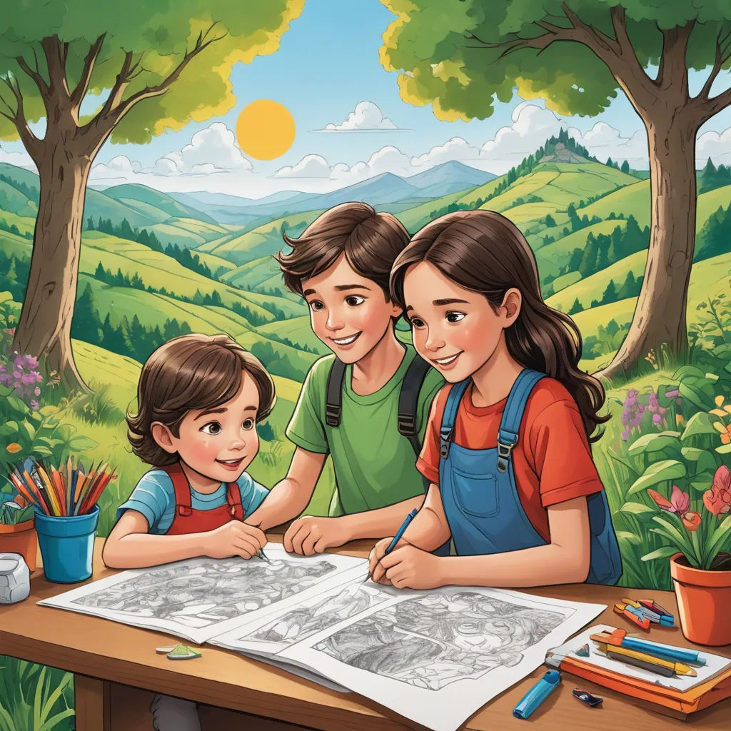 a couple of kids are sitting at a table with a book and pencils in front of them and a mountain view, lyco art, a storybook illustration, Diego Gisbert Llorens, storybook illustration
