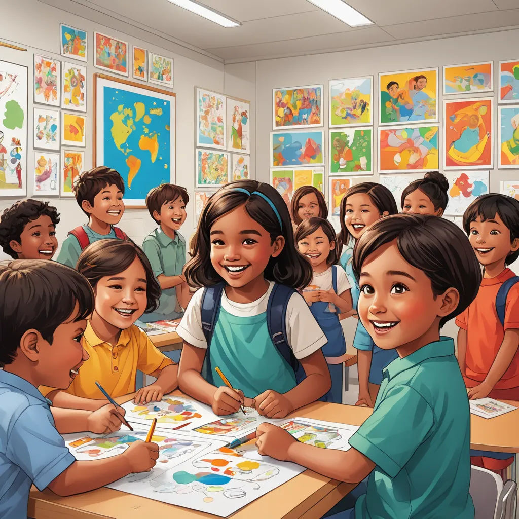 a group of children sitting at a table with a pencil and paper in front of them and a drawing of a boy and girl, american scene painting, a storybook illustration, Art & Language, official art