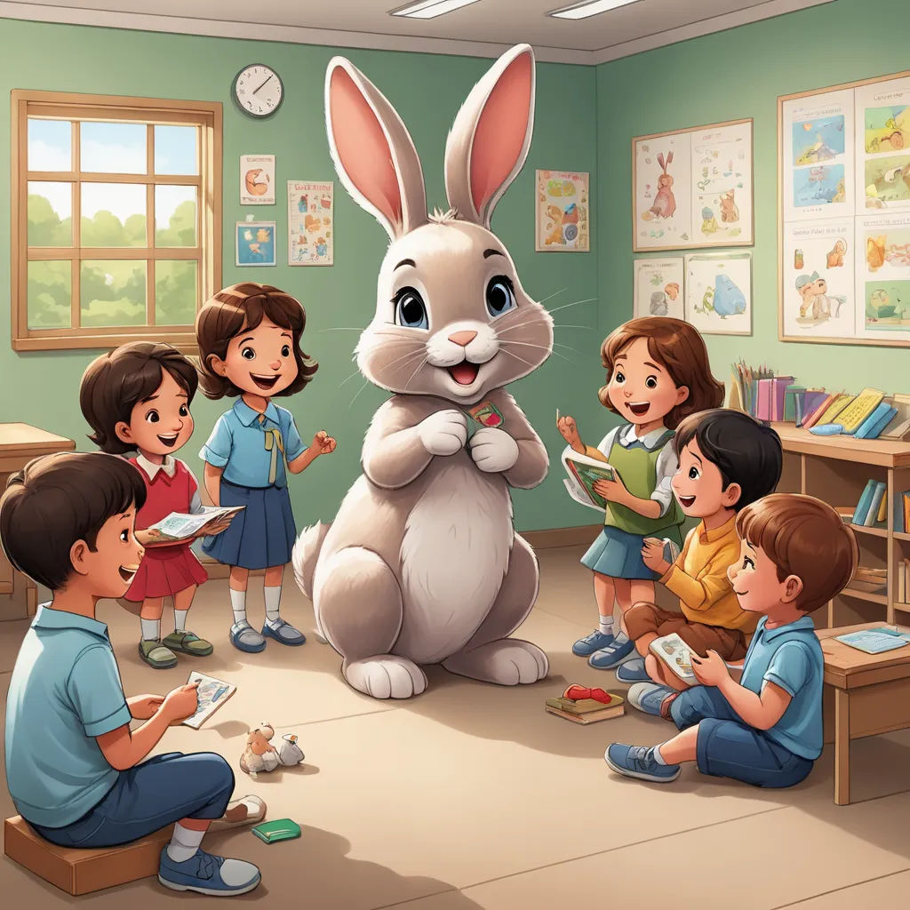 a group of children sitting around a bunny in a room with a teacher and a teacher standing in front of it, furry art, a storybook illustration, Diego Gisbert Llorens, storybook illustration
