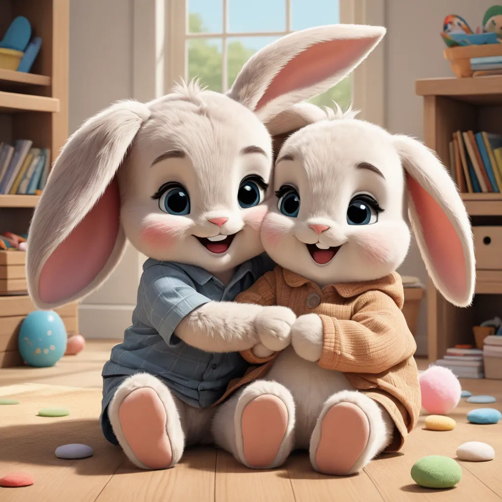 a couple of rabbits sitting next to each other on a wooden floor in a room with a book shelf, furry art, a poster, Beatrix Potter, official art