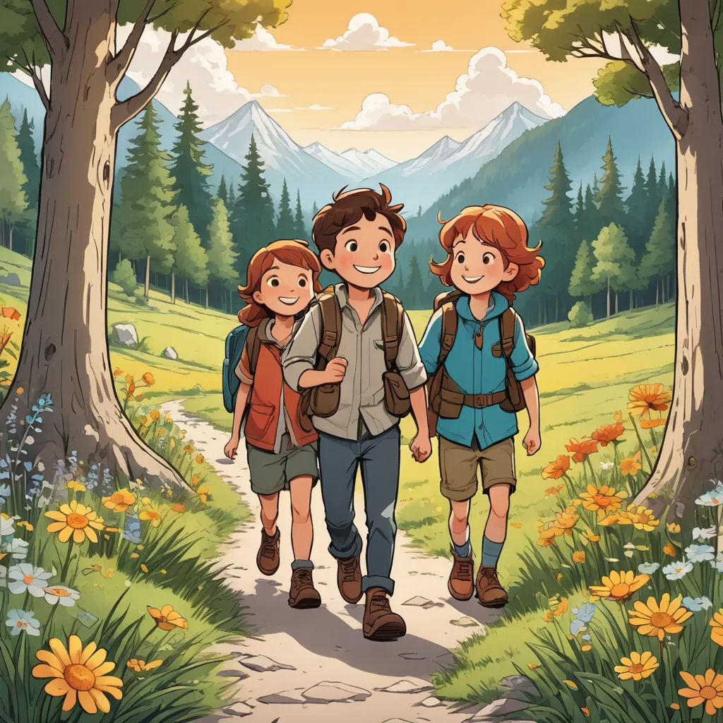 a family of three walking through a forest with mountains in the background and flowers in the foreground, with a path leading to the left, sots art, a storybook illustration, Brothers Hildebrandt, official art