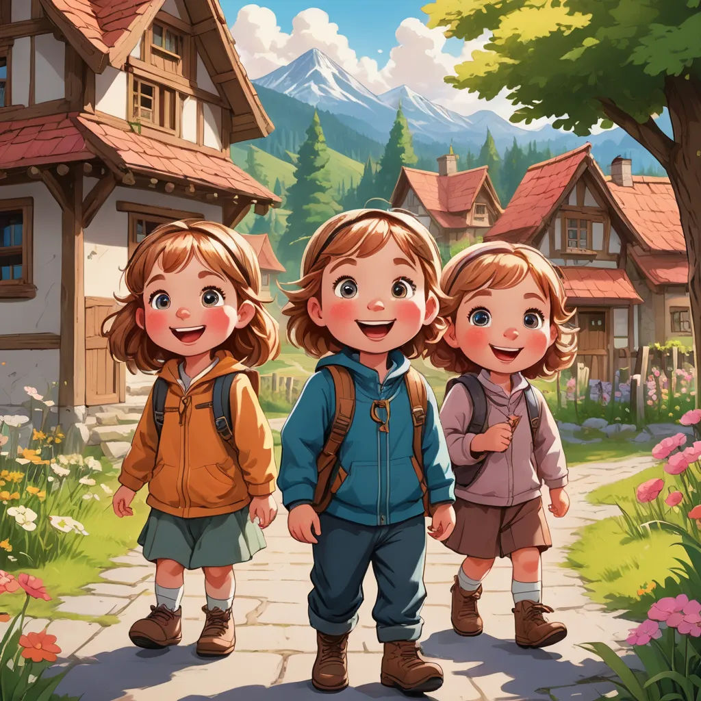 three children standing in front of a house with a mountain in the background and a path leading to them, lyco art, a storybook illustration, Brothers Hildebrandt, official art