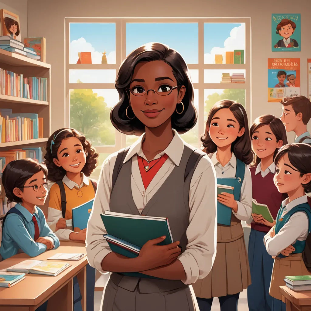 a cartoon of a woman standing in front of a classroom full of children with books in her hands and a book in her hand, american scene painting, a storybook illustration, Ada Gladys Killins, official art