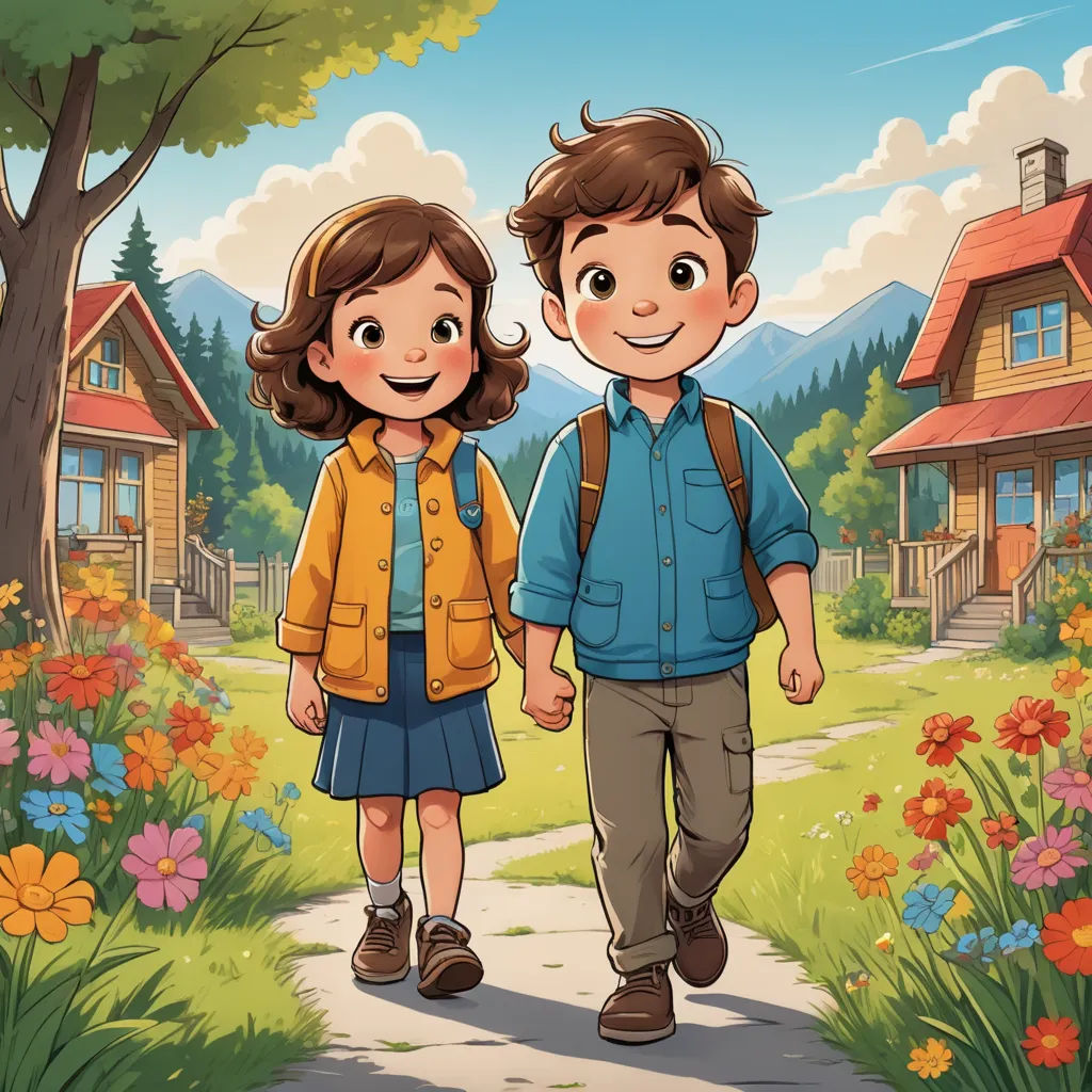 a boy and a girl are walking down a path in a park with flowers and a cabin in the background, vancouver school, a storybook illustration, Diego Gisbert Llorens, promotional image