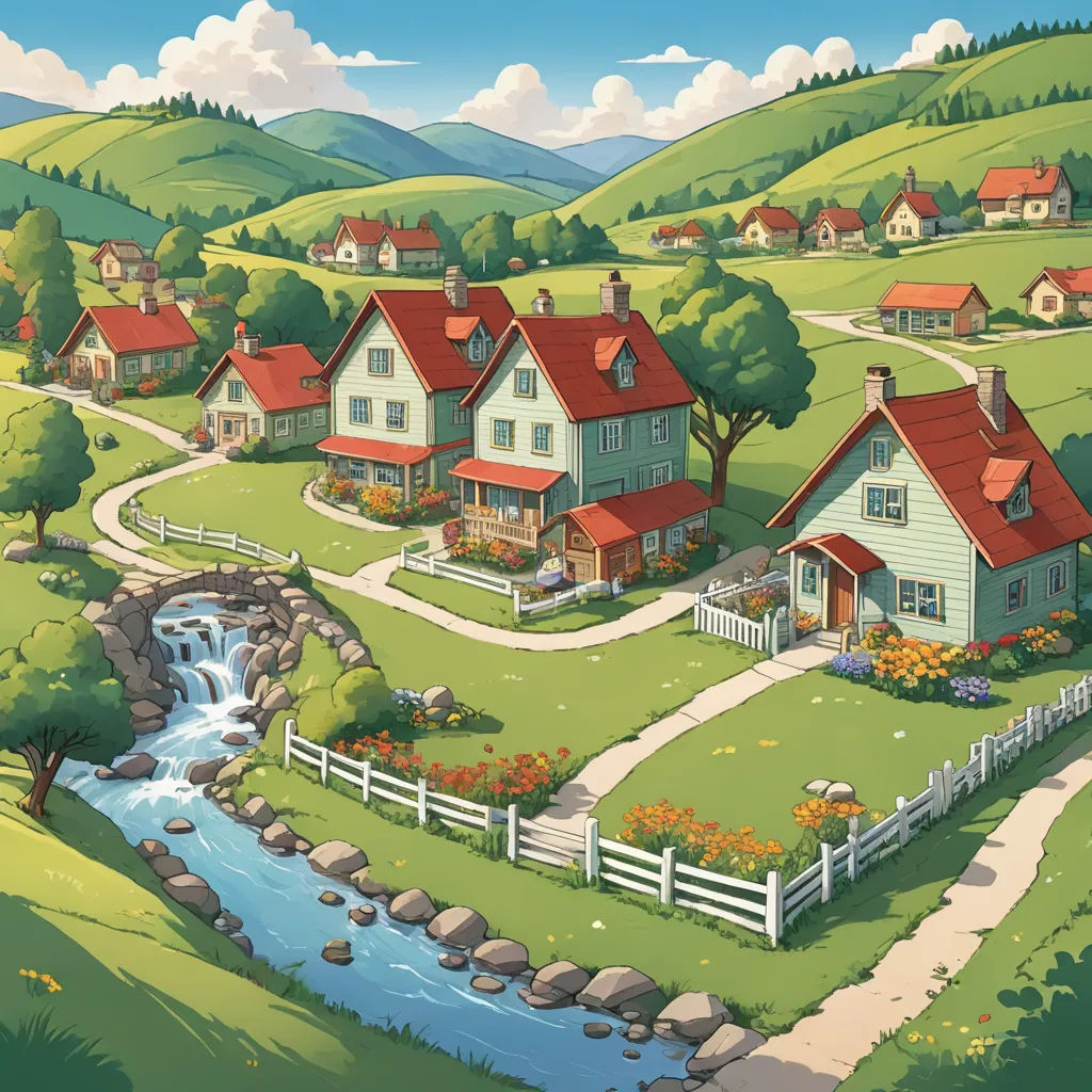 a painting of a rural landscape with houses and a stream running through it, and a bridge leading to a small waterfall, american scene painting, a storybook illustration, Andrey Esionov, official art