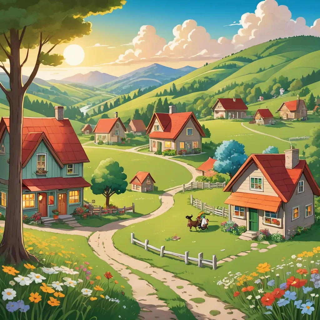 a painting of a rural landscape with houses and a horse in the foreground and a path leading to a tree, american scene painting, a detailed matte painting, Chris LaBrooy, official art
