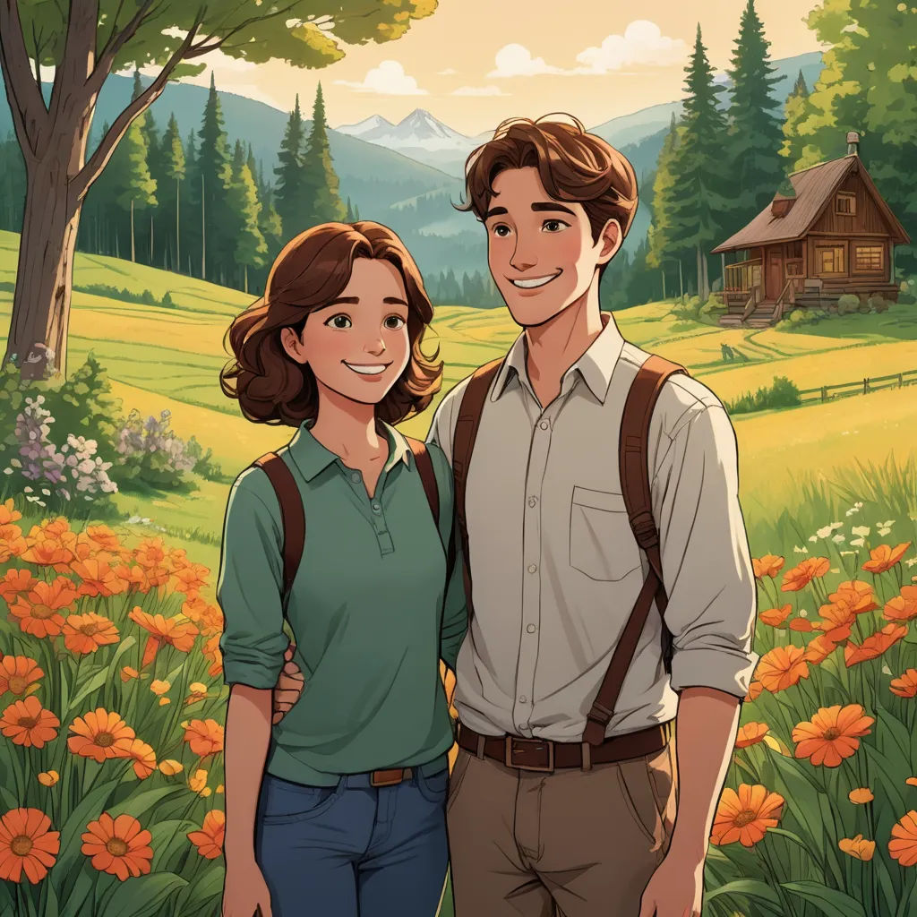 a man and a woman standing in a field of flowers with a cabin in the background and a mountain in the background, serial art, a storybook illustration, David Park, official art