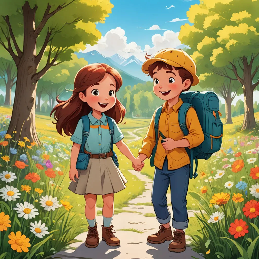 a boy and a girl are walking in the park holding hands and smiling at each other with a backpack on their shoulders, lyco art, a storybook illustration, Diego Gisbert Llorens, storybook illustration