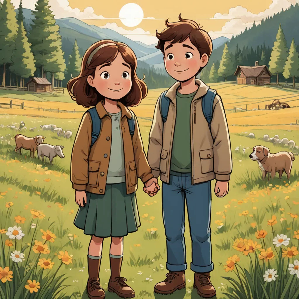 a boy and a girl standing in a field with sheep in the background and a mountain in the background, les automatistes, a storybook illustration, Aaron Jasinski, comic cover art