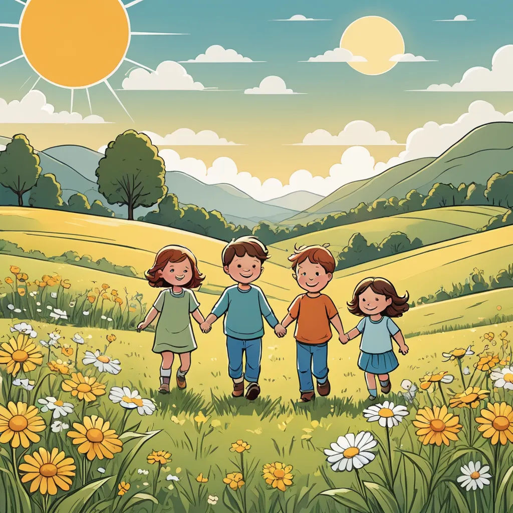 a group of children holding hands in a field of flowers and grass with a sun in the background and a mountain range in the distance, naive art, a storybook illustration, Diego Gisbert Llorens, storybook illustration