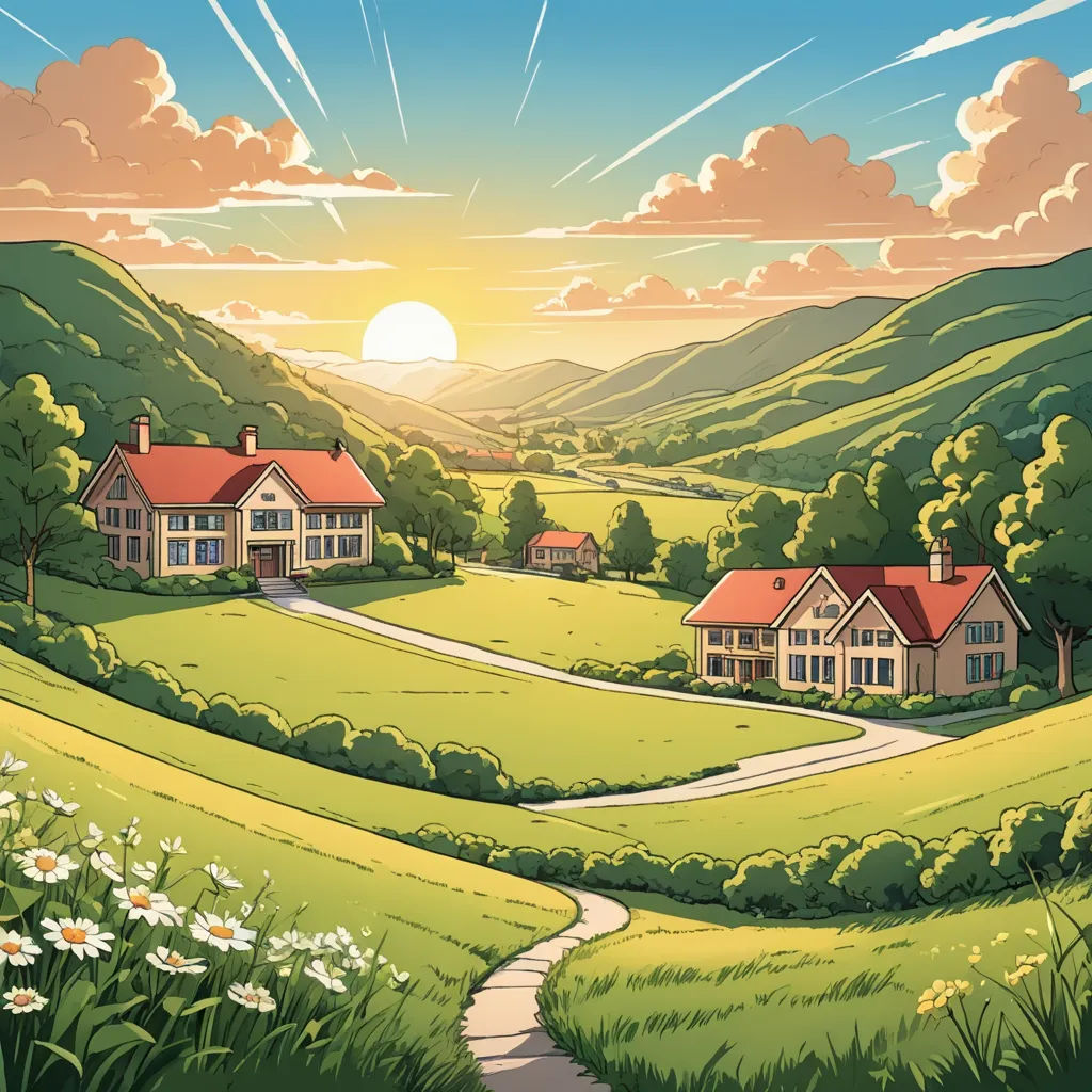 a painting of a rural landscape with a house and a road leading to the mountains at sunset or sunrise, american scene painting, a comic book panel, Colin Middleton, official art