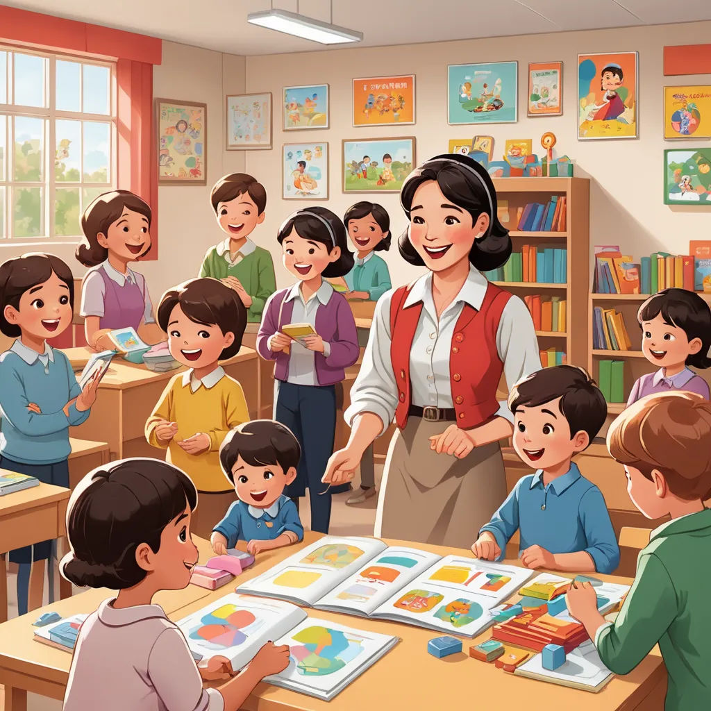 a teacher teaching children in a classroom with a book on the table and a book on the floor with a picture of a woman, paris school, a storybook illustration, Bourgeois, storybook illustration