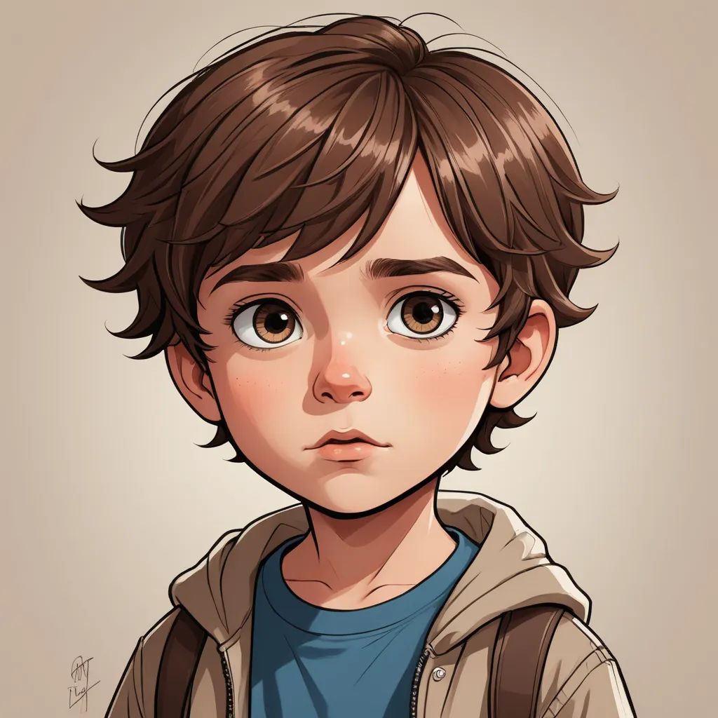 a drawing of a boy with brown hair and a blue shirt on, with a brown background and a light brown background, photorealism, a character portrait, Diego Gisbert Llorens, 2 d game art