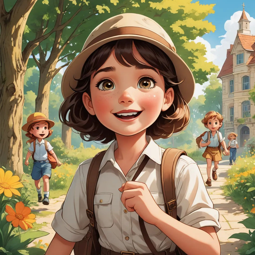 a young girl is smiling while walking through a park with other children in the background and a boy in a hat is smiling, paris school, a storybook illustration, Cliff Childs, rossdraws global illumination