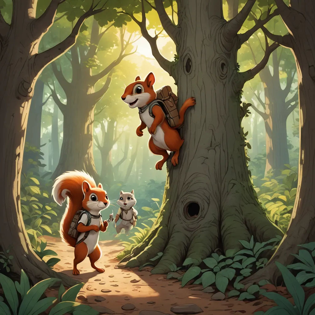 a squirrel and two other animals are in a forest with a tree trunk and a trail leading to it, furry art, a storybook illustration, Chris LaBrooy, official art
