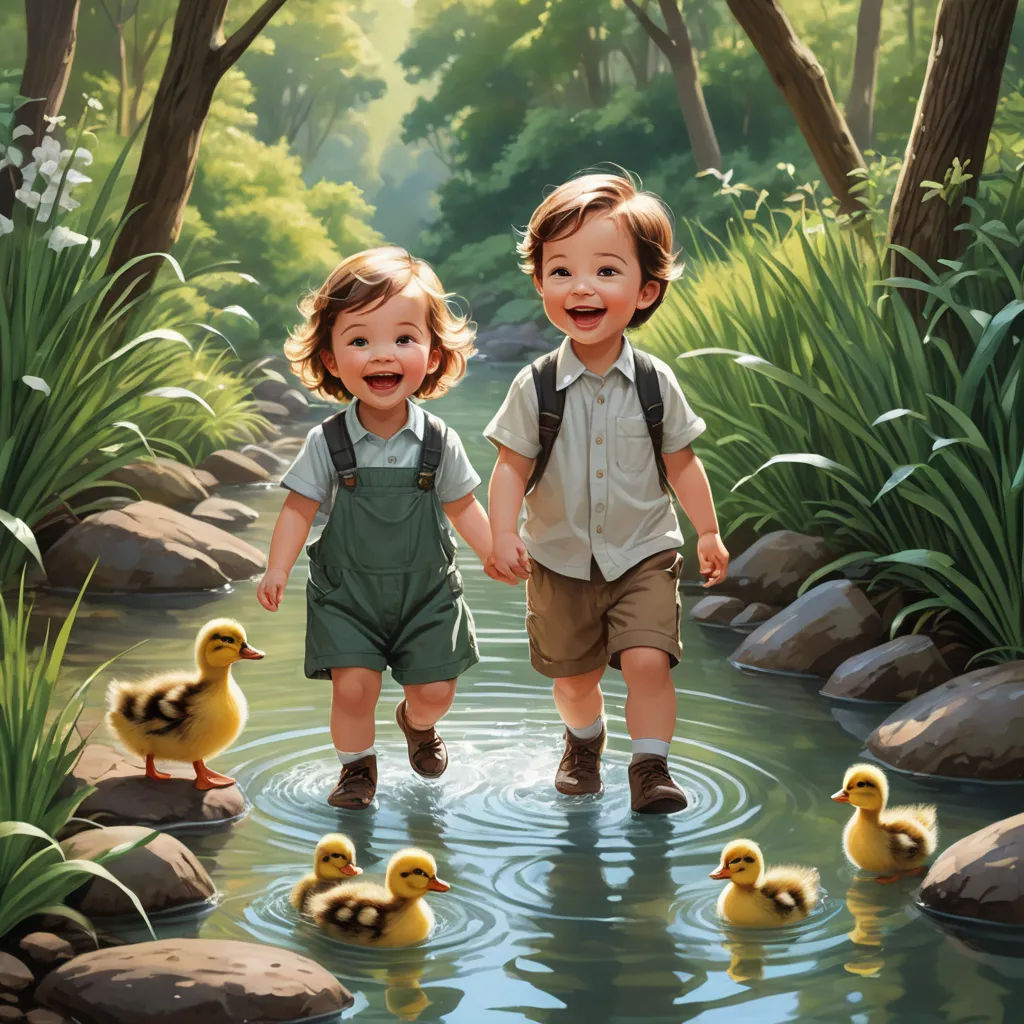 two children are walking in a stream with ducks in the water and trees in the background, and one child is holding the hand of the other, american scene painting, a storybook illustration, Brothers Hildebrandt, highly detailed digital painting