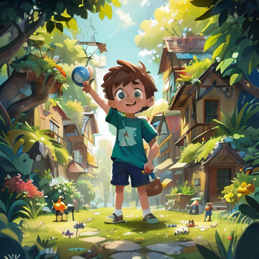 a boy holding a blue ball in a forest with houses in the background and a bird flying overhead in the sky