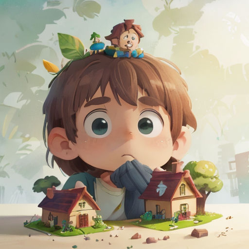 a boy with a doll on his head sitting on a house in the middle of a cartoon landscape with a bird perched on top of the roof