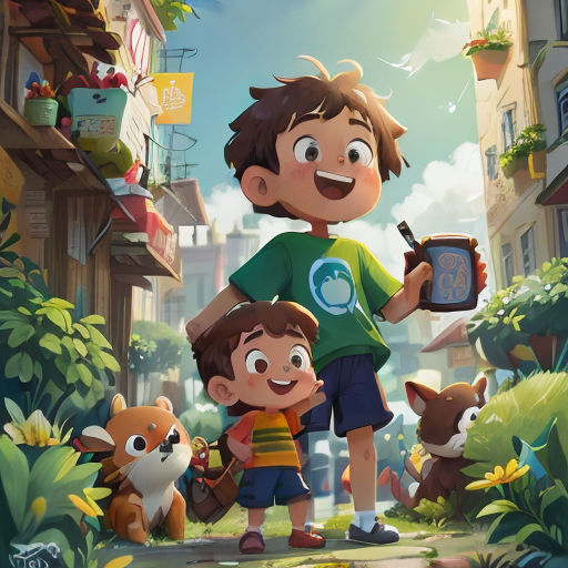 a boy and a boy are standing in the middle of a city with a dog and a bird on his arm