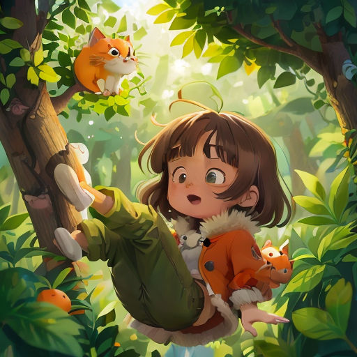 a girl is holding a cat in a forest with other animals around her and a squirrel hanging from a tree