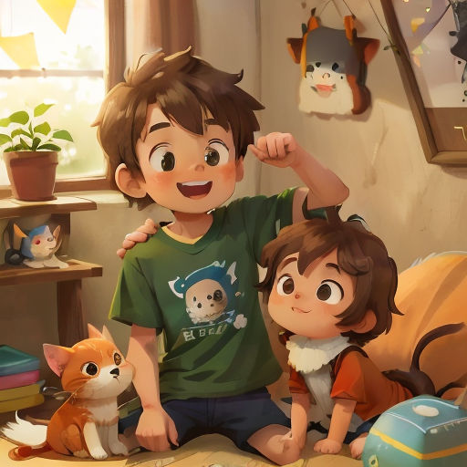 a boy and a girl sitting on a bed with a cat and a dog in front of them and a cat on the floor