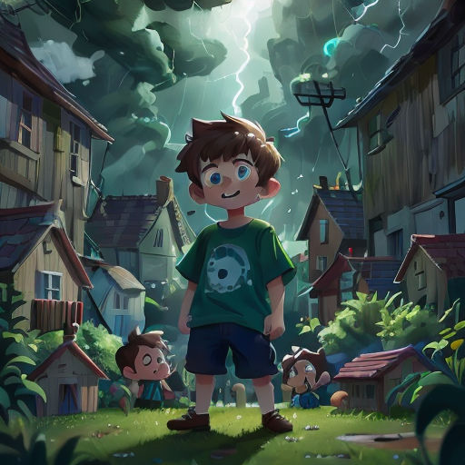 a boy standing in a field with a lightning in the background and a house in the background with a lightning bolt