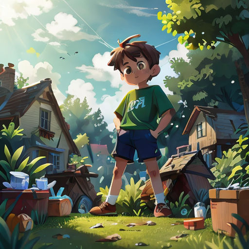 a boy standing in a yard with a kite in the sky above him and a house in the background