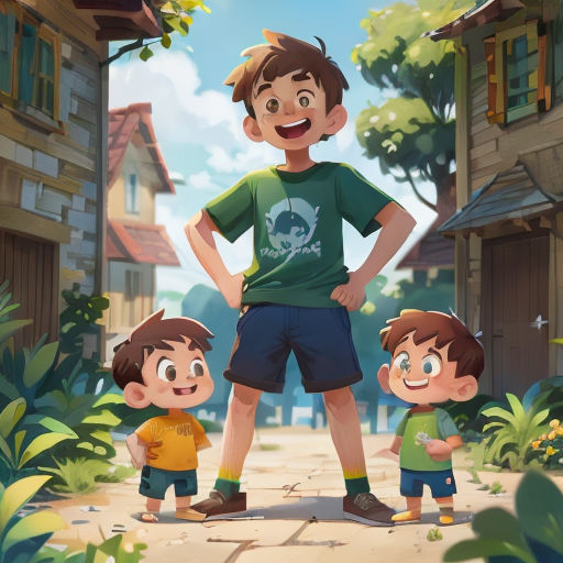 a boy and two boys standing in front of a house with a skull on it's shirt and a green shirt