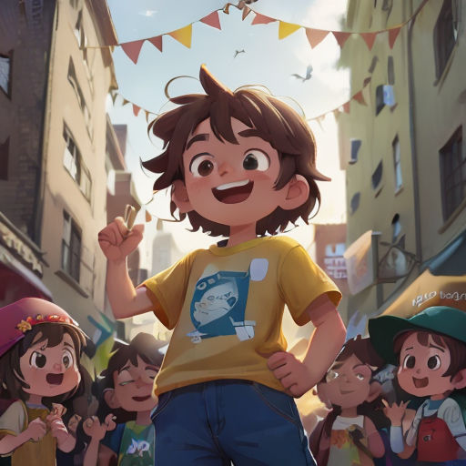 a boy standing in front of a crowd of people in a city street with a kite flying above him