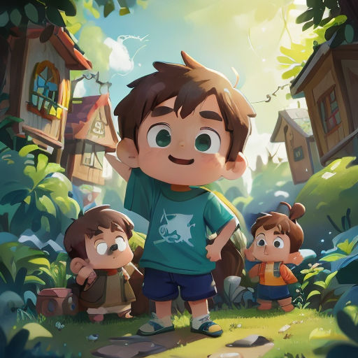 a boy and two children standing in the grass near a small house and trees with a bird flying overhead