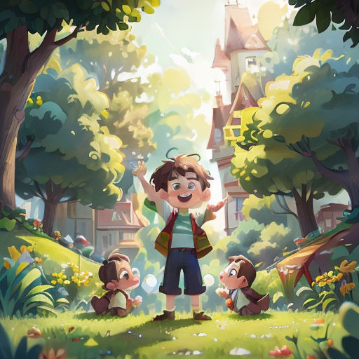 a boy standing in the middle of a forest with other children around him and a castle in the background
