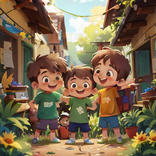 three children standing in a garden with a dog and a cat in the background, with a house in the background