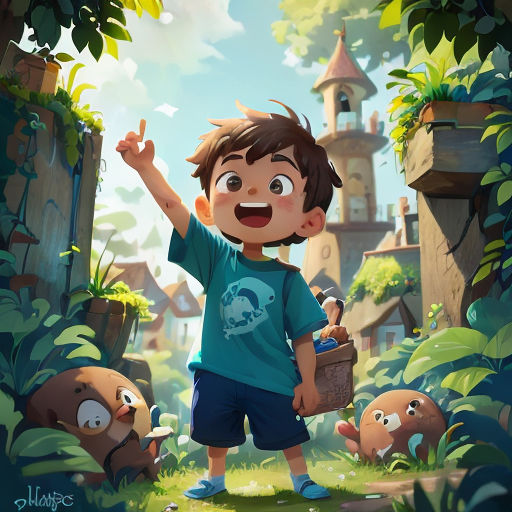 a boy is standing in the middle of a forest with a bucket and a bird on his shoulder and a bird on his shoulder
