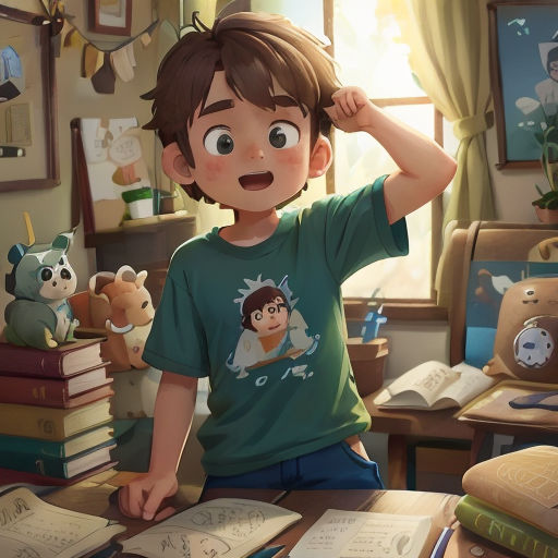 a boy sitting at a table with books and a teddy bear in the background with a window behind him