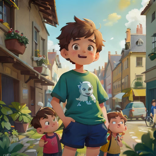 a boy and two boys standing in front of a building with a dog on it's shirt and a dog on his shirt