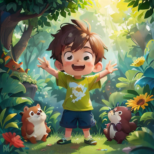 a boy standing in the middle of a forest with animals around him and a forest background with sunbeams