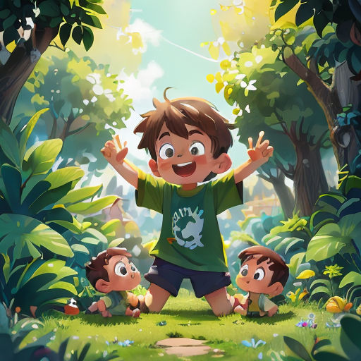 a boy and two boys are standing in the woods with their arms up and their hands up in the air