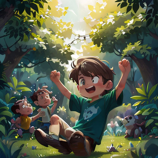 a boy sitting on the ground in the forest with other children around him and a dog standing behind him