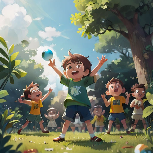 a group of children playing with a ball in a park with trees and grass in the background, with a boy in the foreground