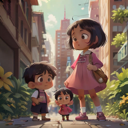 a cartoon of a family standing in the middle of a city street with buildings in the background and a child standing between them