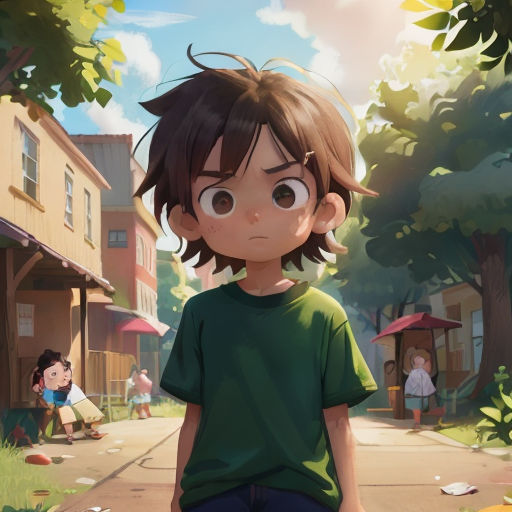 a young boy standing on a street next to a tree and a building with a girl sitting on the sidewalk