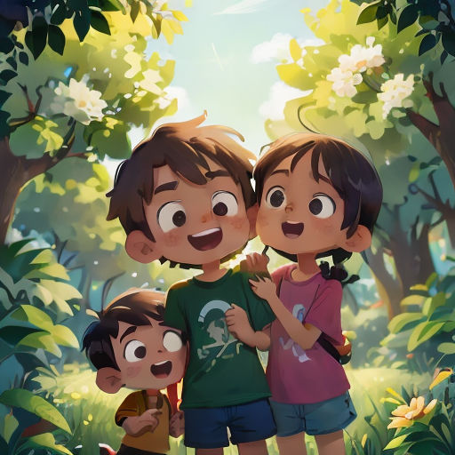 a group of children standing in front of a forest with trees and flowers on the ground, with a cartoon of three children hugging