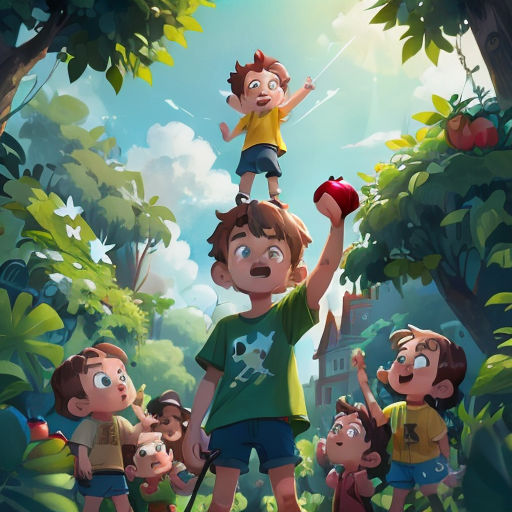 a group of children standing on top of each other in the forest with an apple in the air and a boy on top of the other child