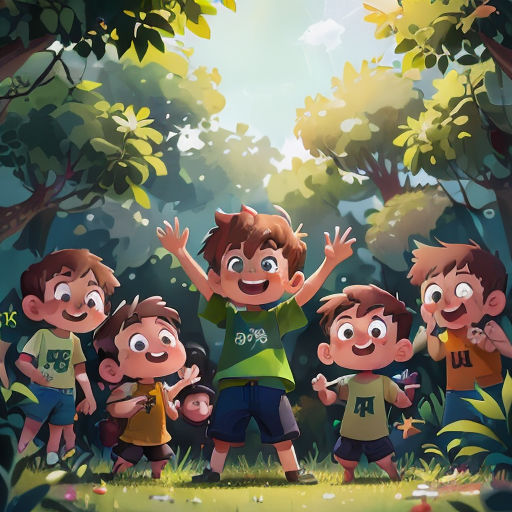 a group of children standing in the woods with their arms up in the air and their hands in the air