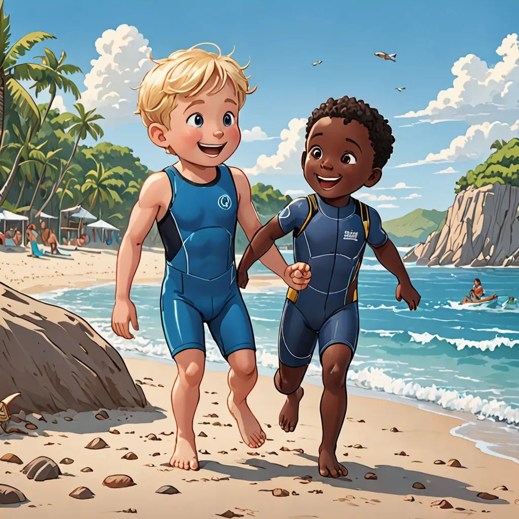 a couple of kids walking on top of a beach next to the ocean with a life jacket on and a life jacket on, sots art, a storybook illustration, Brothers Hildebrandt, official art