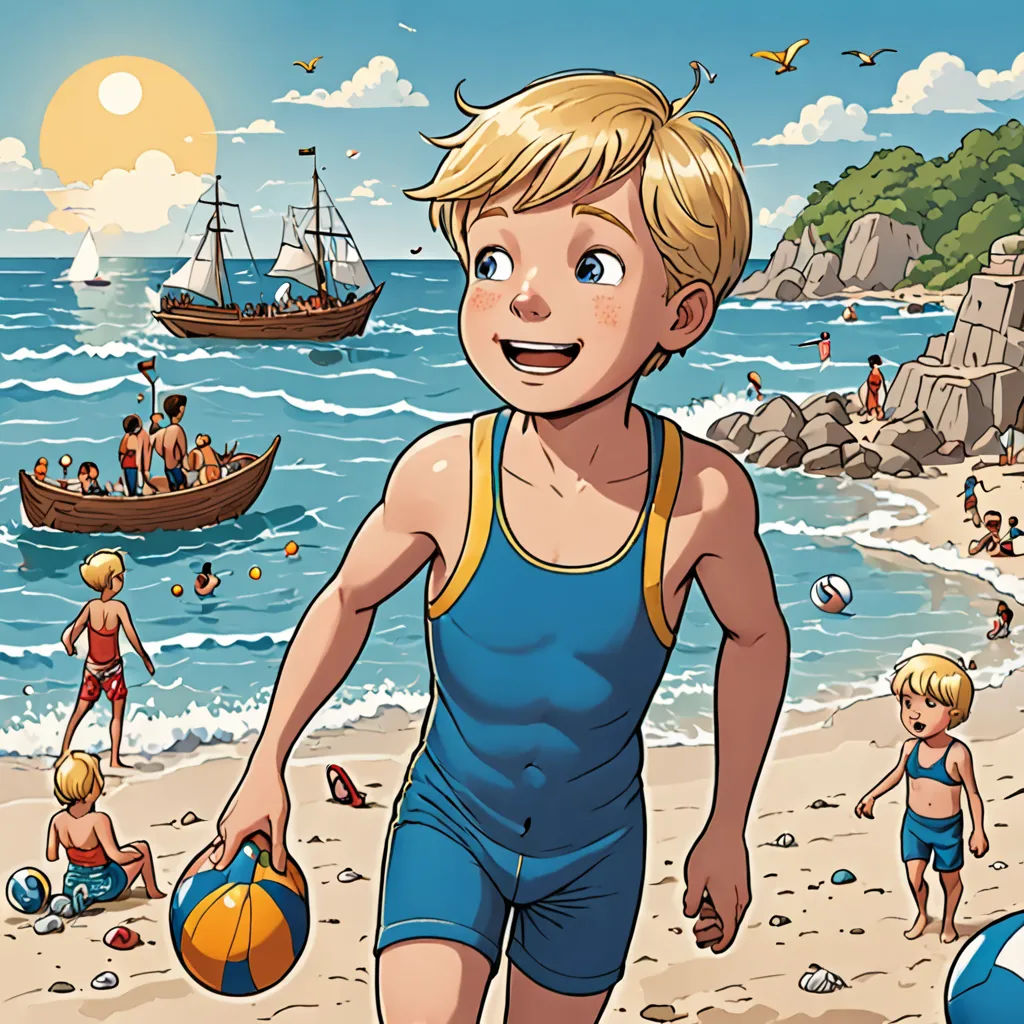 a boy in a blue swimsuit is on the beach with a ball and a boat in the background, hyperrealism, a storybook illustration, Cliff Childs, comic cover art