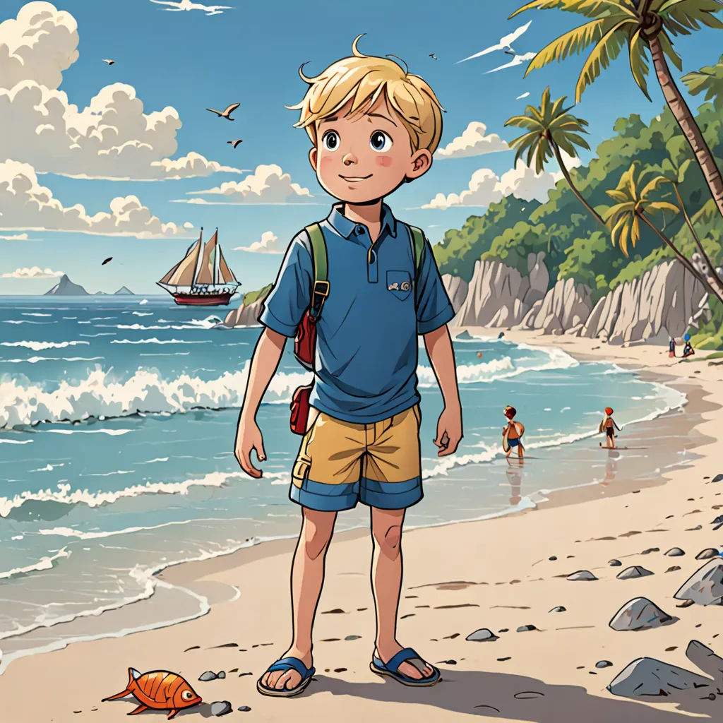 a boy standing on a beach with a backpack on his shoulder and a sailboat in the background, with a beach with rocks and palm trees, lyco art, a storybook illustration, Cliff Childs, promotional image