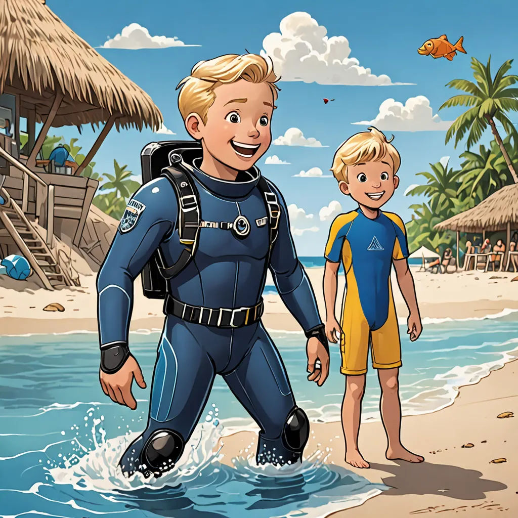 a man and a boy in scuba suits on a beach with a life jacket on and a life jacket on, lyco art, a storybook illustration, Cliff Childs, promotional image