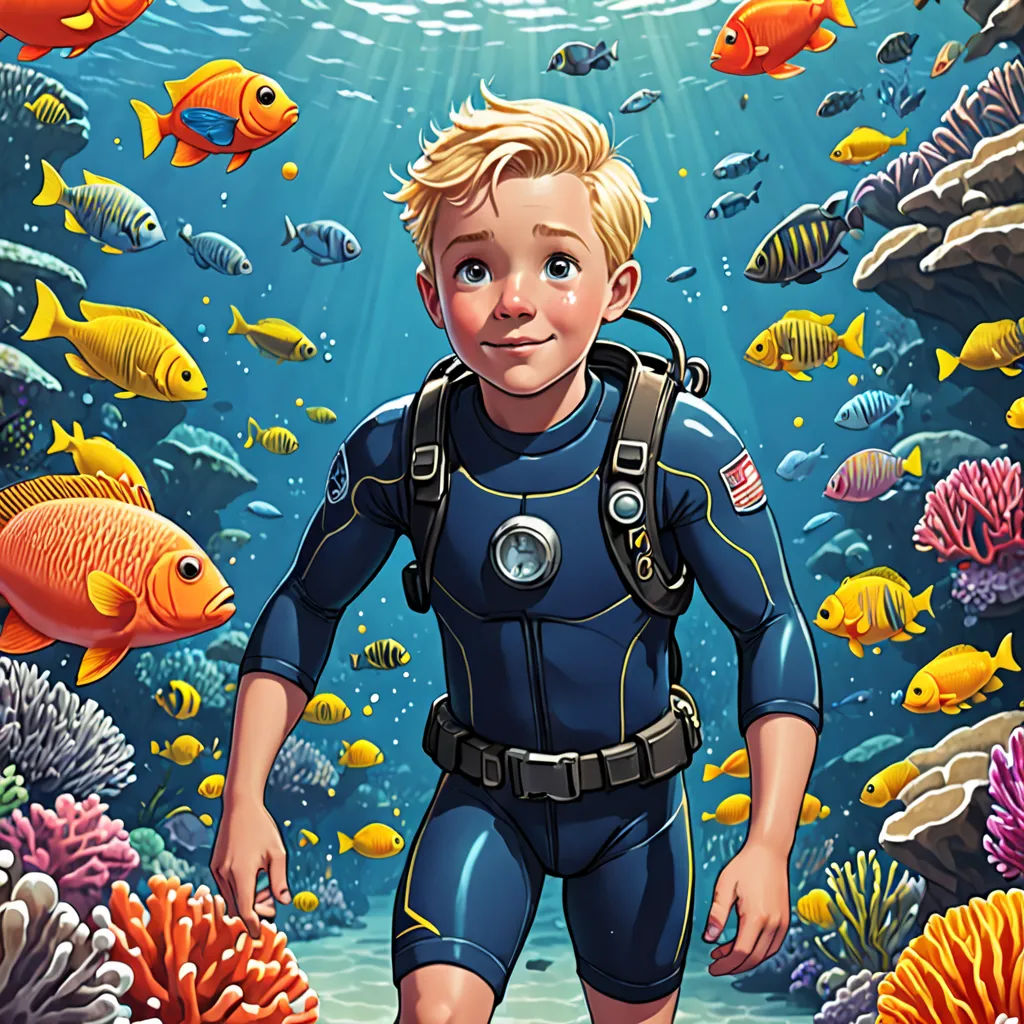 a boy in a diving suit standing in front of a coral reef with fish and corals on it, fantastic realism, a storybook illustration, Cliff Childs, kinkade